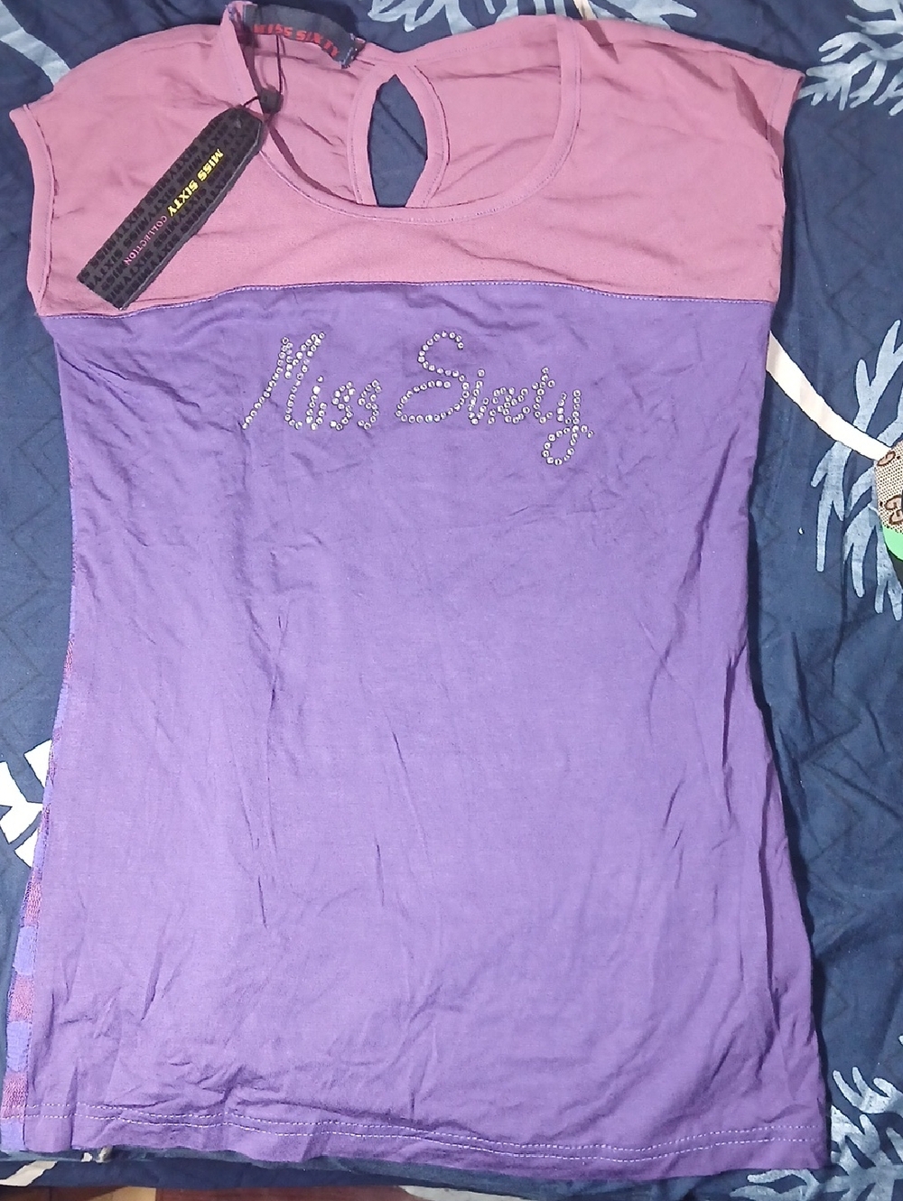 Miss Sixty Pink and Purple Rhinestone Logo Tank